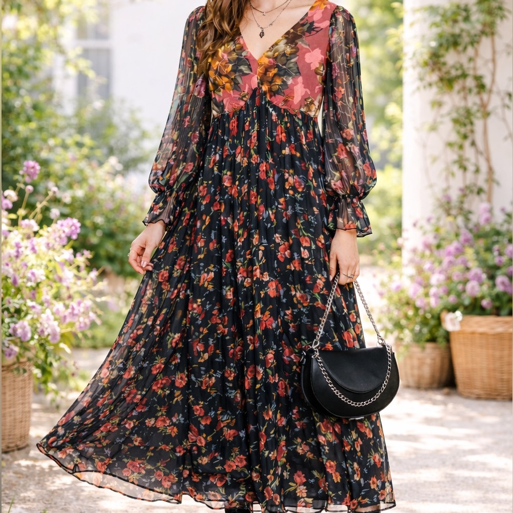 Whimsigoth Sheer Floral Long Sleeve Midi Dress Romantic Garden Style